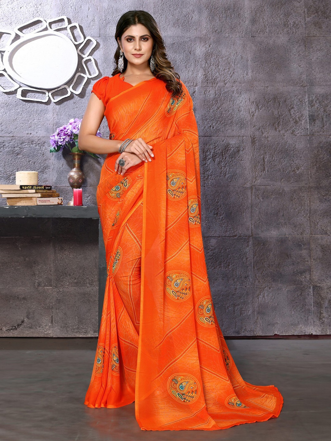 

KALINI Ethnic Motifs Printed Poly Georgette Saree, Orange