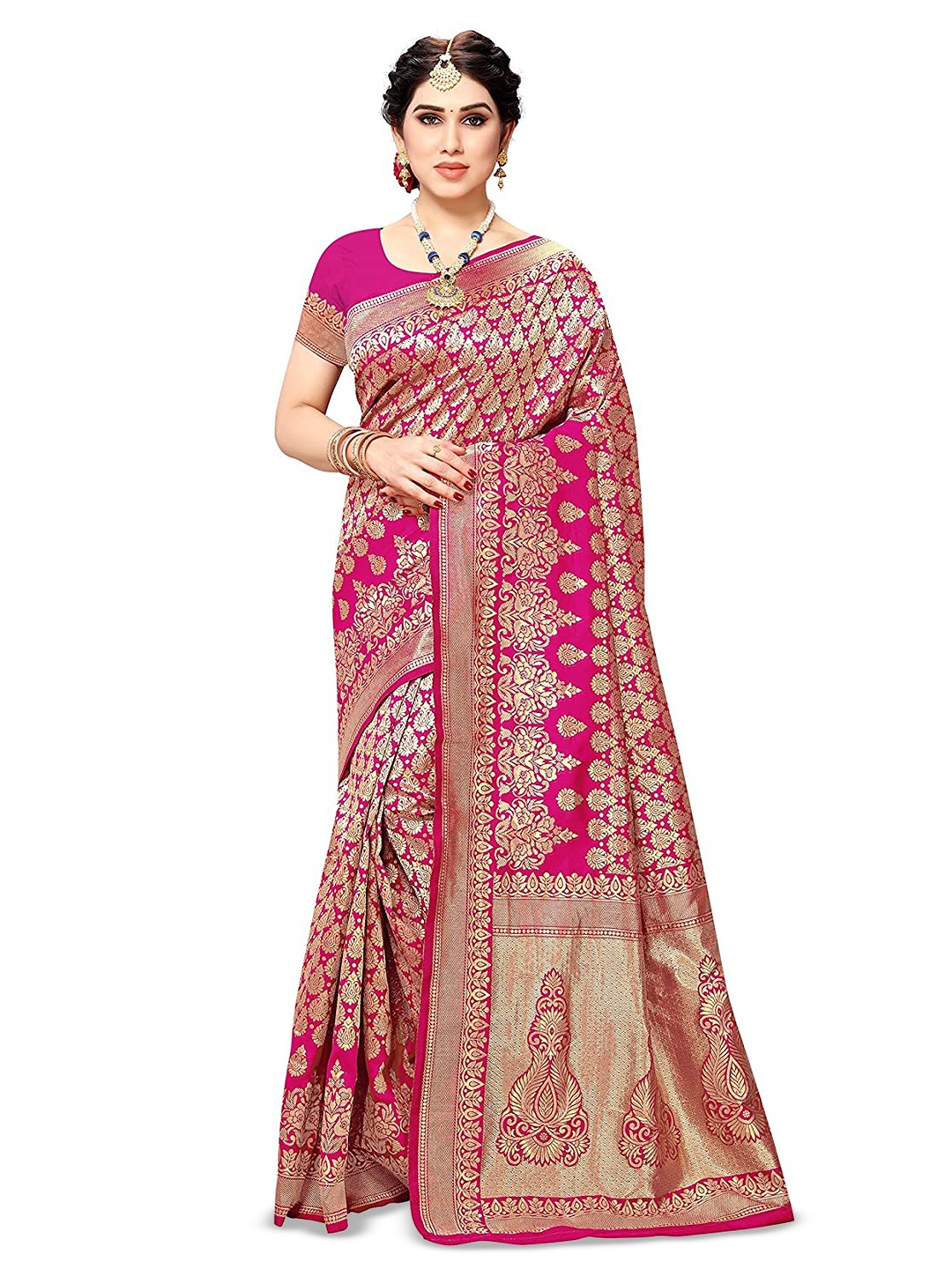 

KALINI Ethnic Motifs Woven Design Zari Silk Cotton Banarasi Saree, Pink