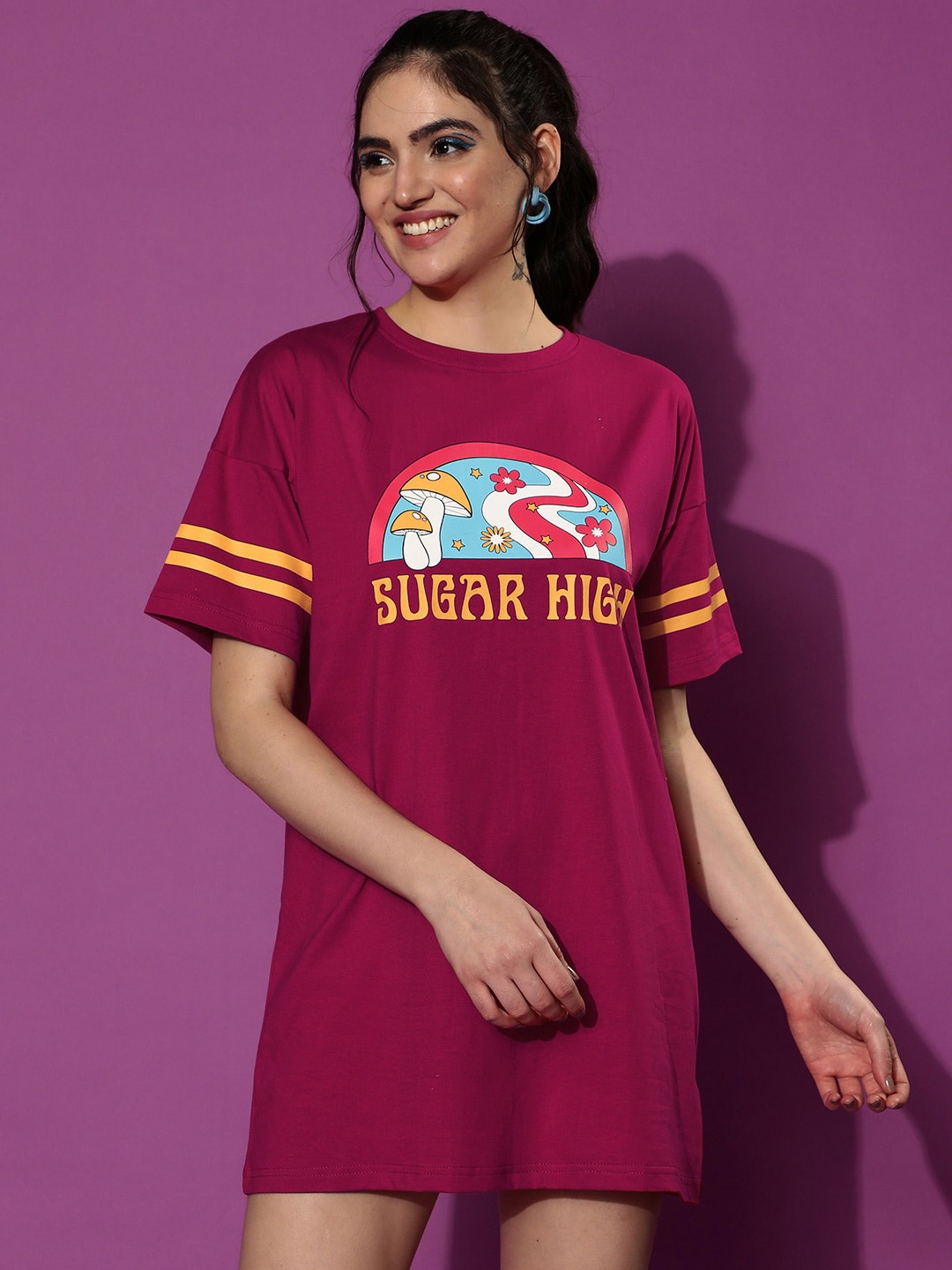 

JUNEBERRY Graphic Printed Cotton T-shirt Mini Dress, Magenta