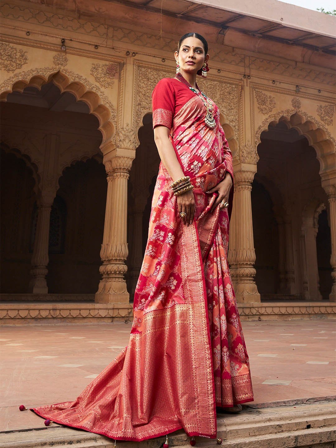 

Mitera Pink & Gold Toned Ethnic Motifs Woven Design Silk Cotton Ikat Saree