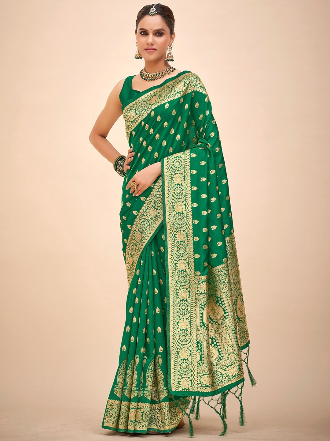 

Mitera Green & Gold Toned Ethnic Motifs Woven Design Zari Art Silk Banarasi Saree