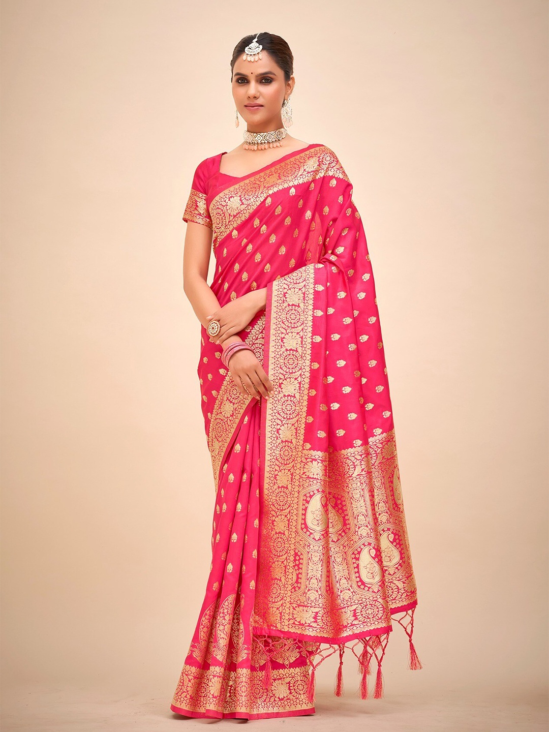 

Mitera Red & Gold Toned Ethnic Motifs Woven Design Zari Art Silk Banarasi Saree