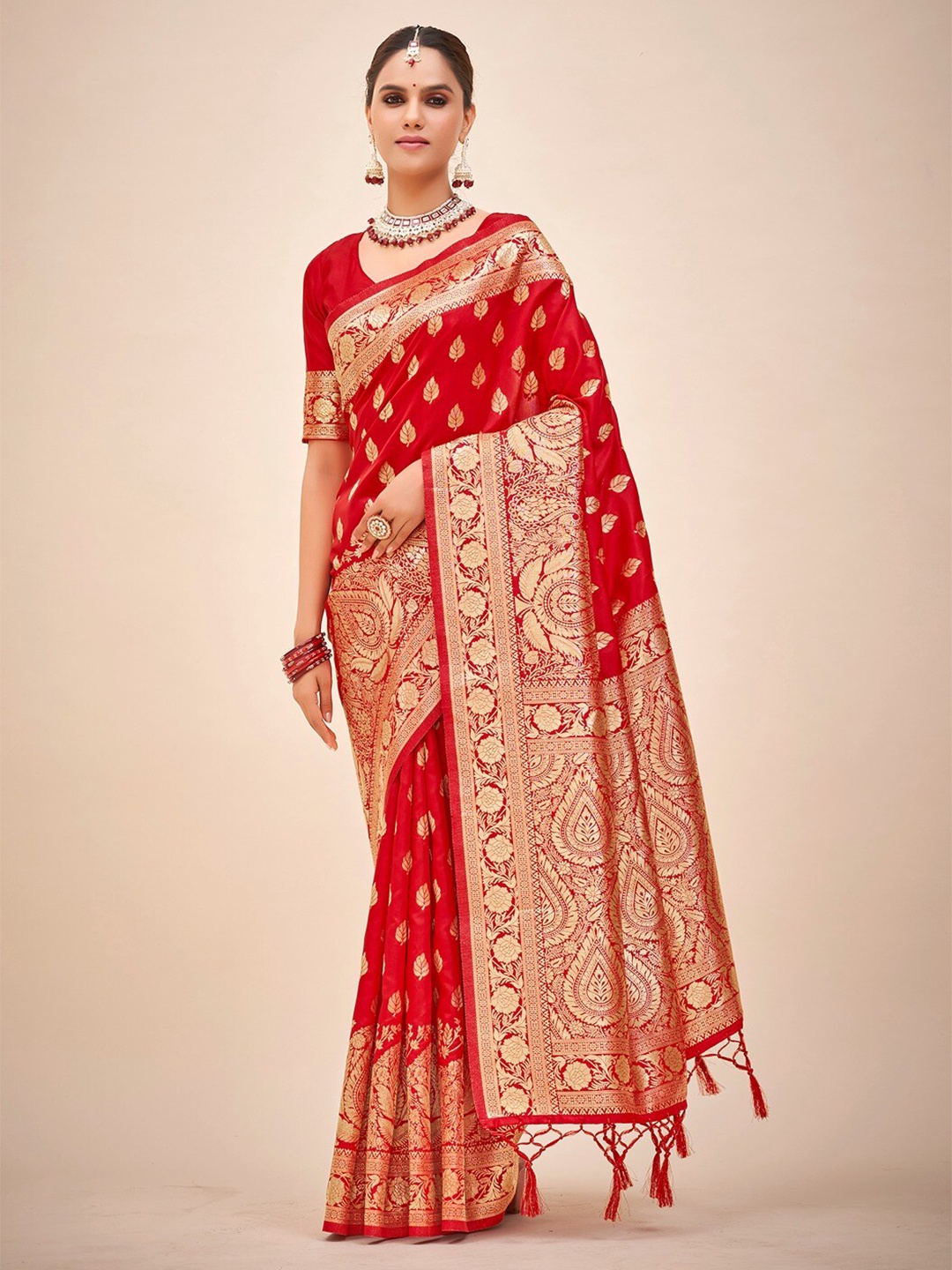 

Mitera Red & Gold Toned Ethnic Motifs Woven Design Zari Art Silk Banarasi Saree