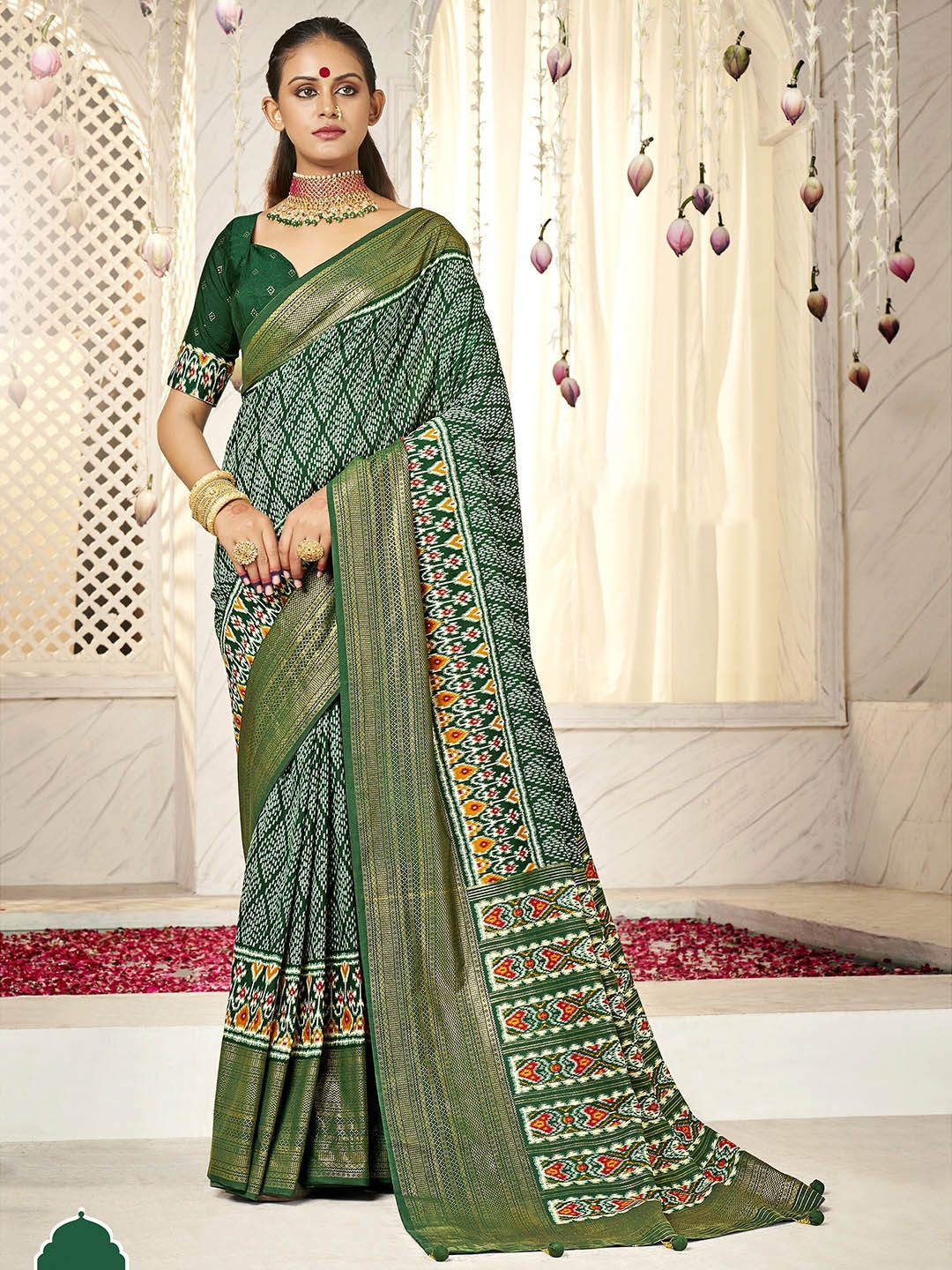 

Mitera Ethnic Motifs Zari Silk Cotton Ikat Saree, Green