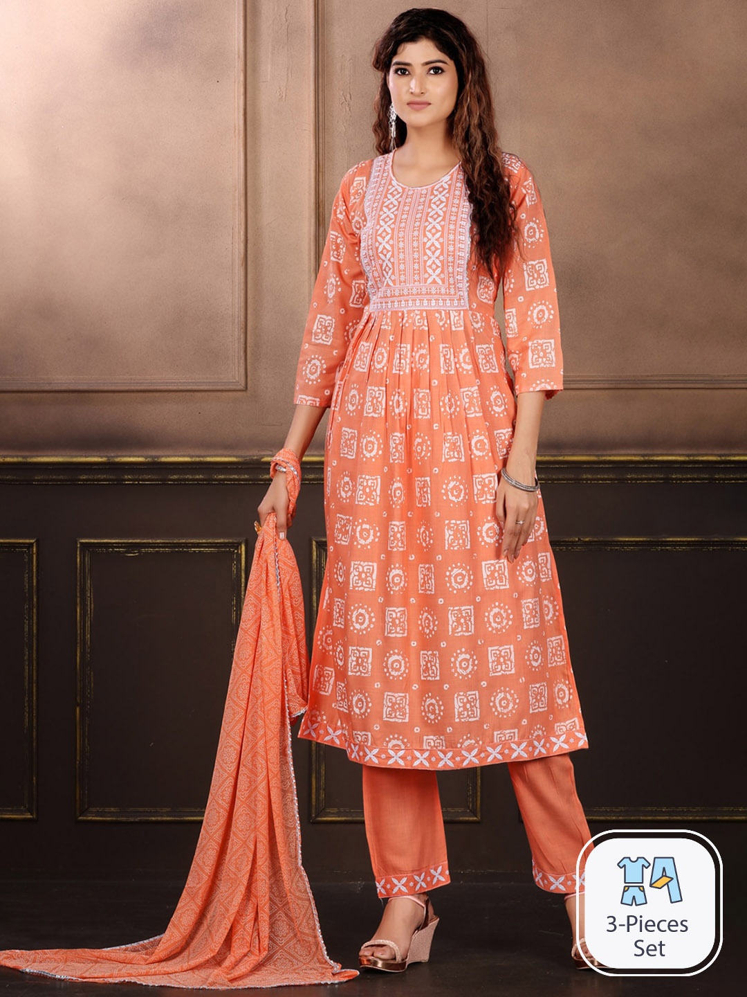 

KALINI Women Ethnic Motifs Printed A-Line Kurta with Trousers & With Dupatta, Peach