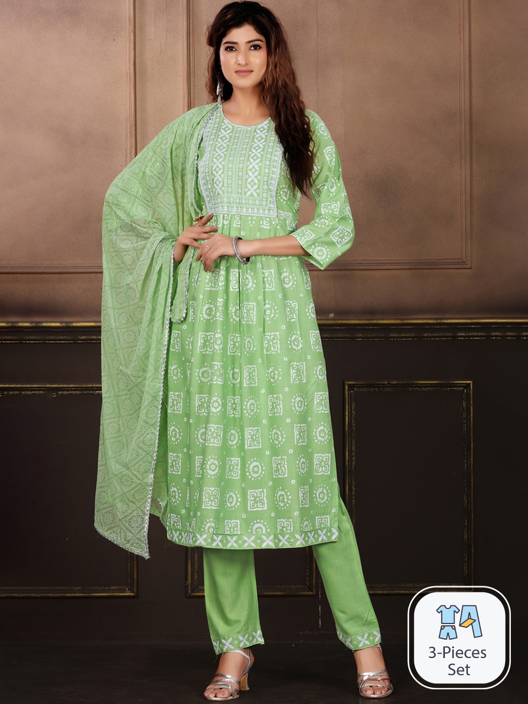 

KALINI Bandhani Printed High Slit Kurta With Trousers & Dupatta, Green