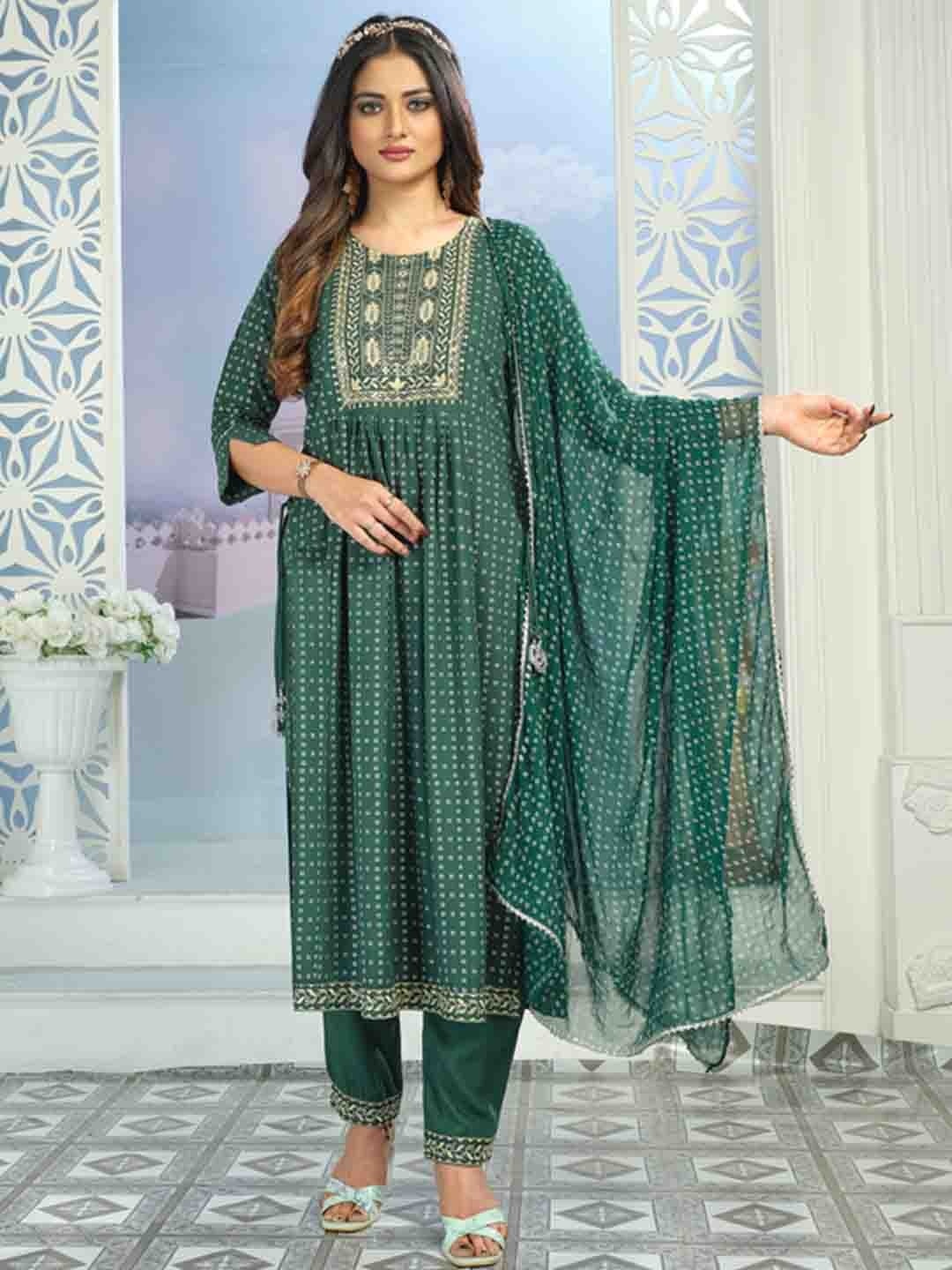 

KALINI Bandhani Printed High Slit Kurta With Trousers & Dupatta, Green