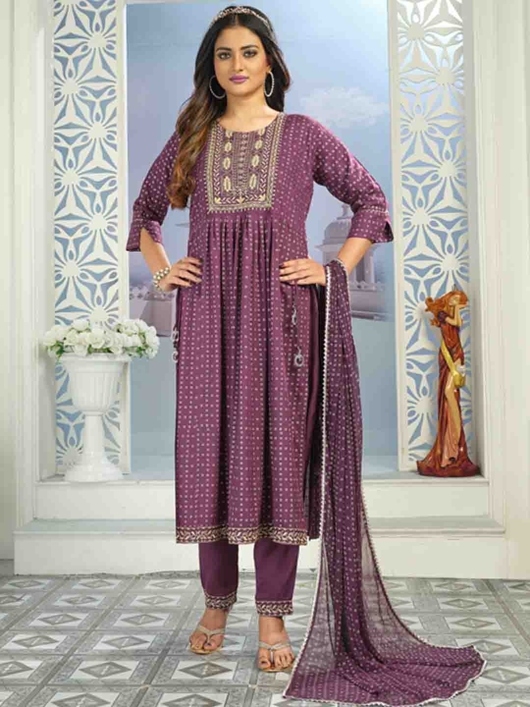 

KALINI Bandhani Printed High Slit Kurta With Trousers & Dupatta, Purple