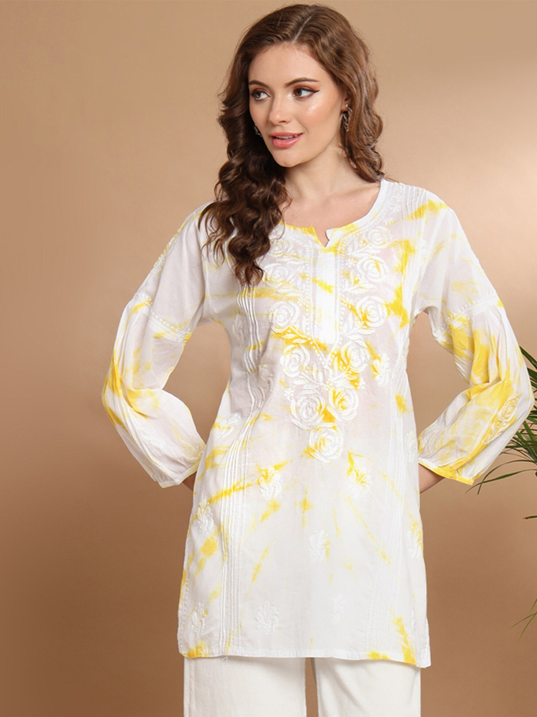 

Ethnava Floral Embroidered Puff Sleeve Thread Work Pure Cotton Kurti, White