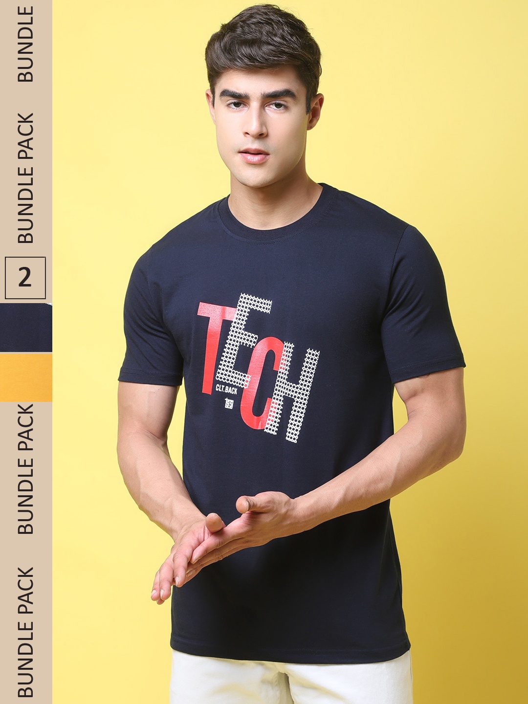 

7Threads Pack of 2 Printed Cotton T-shirt, Navy blue