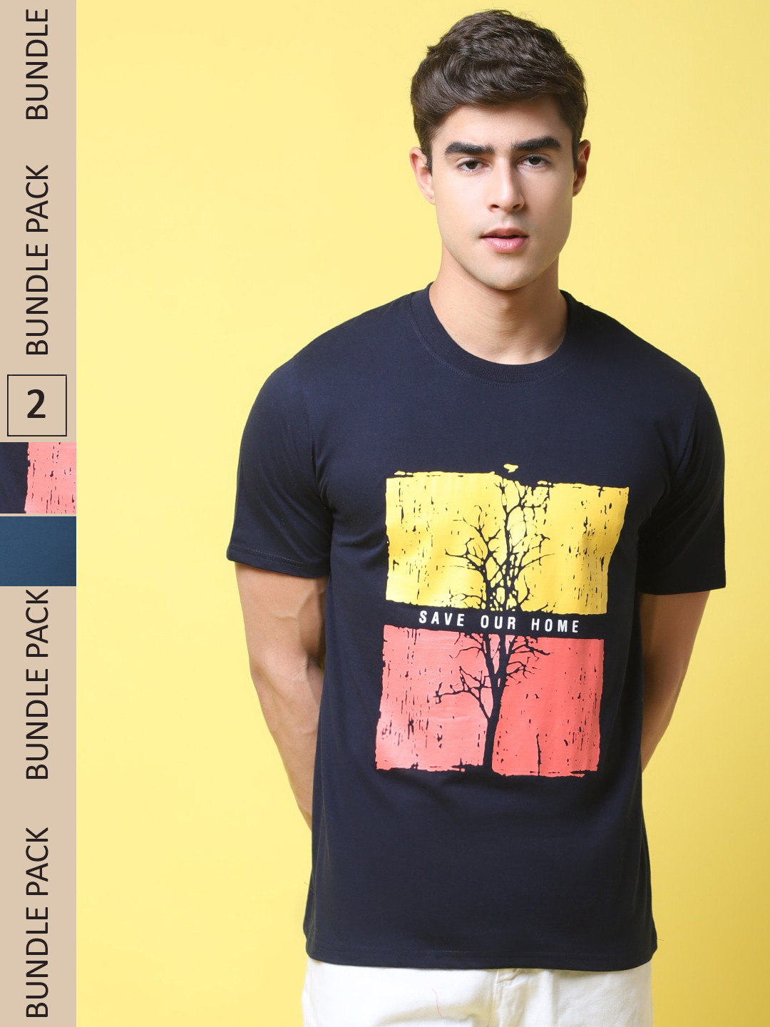 

7Threads Pack of 2 Printed Cotton T-shirt, Navy blue