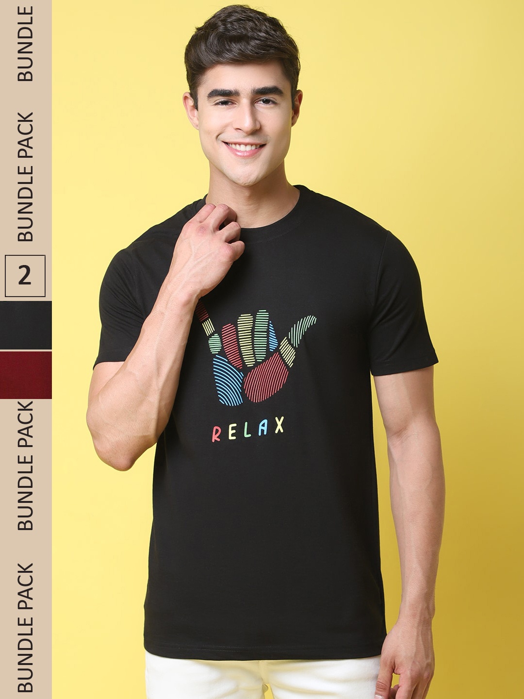 

7Threads Pack of 2 Printed Cotton T-shirt, Black