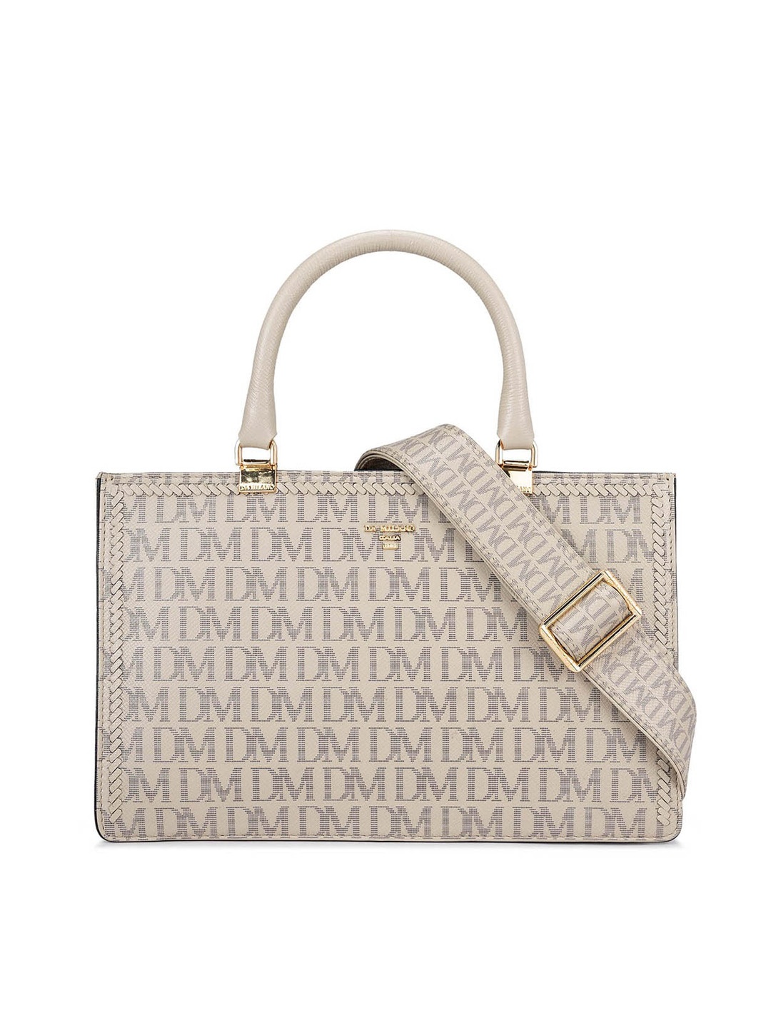 

Da Milano Typography Printed Leather Structured Handheld Bag, Brown