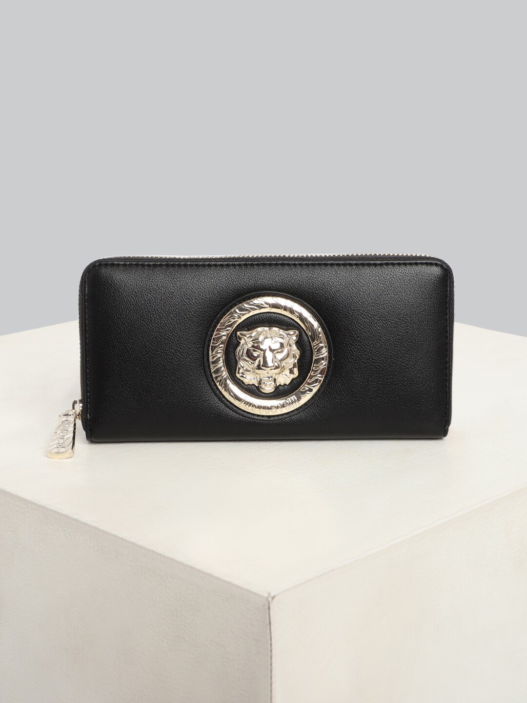 

Just Cavalli Women Textured Leather Zip Around Wallet, Black