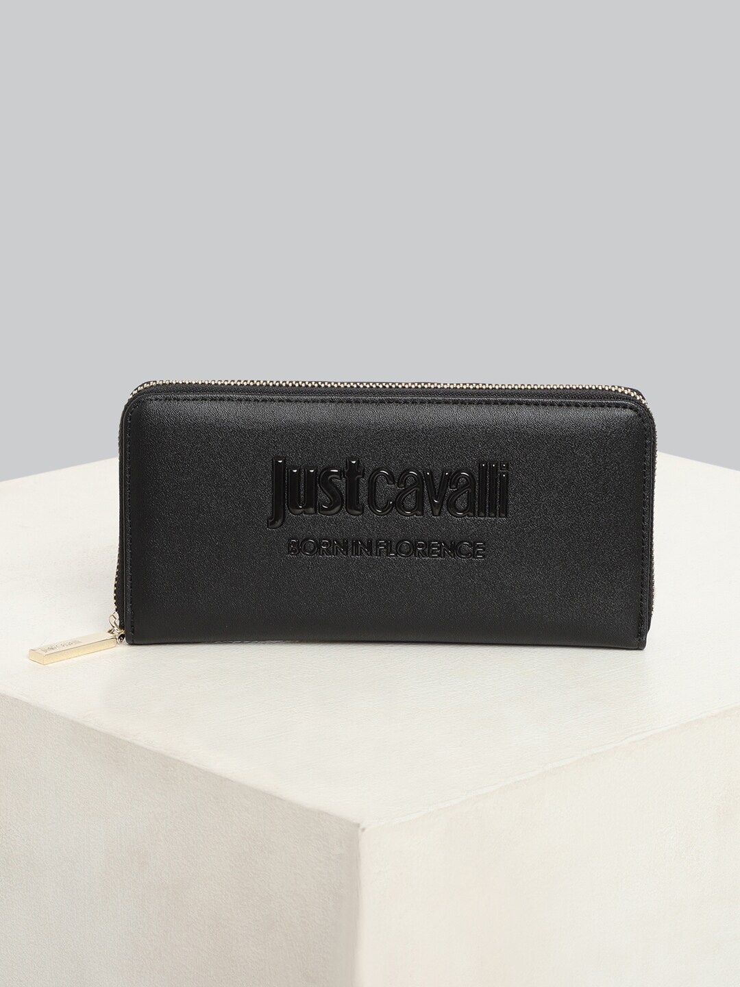 

Just Cavalli Women Textured Leather Zip Around Wallet, Black