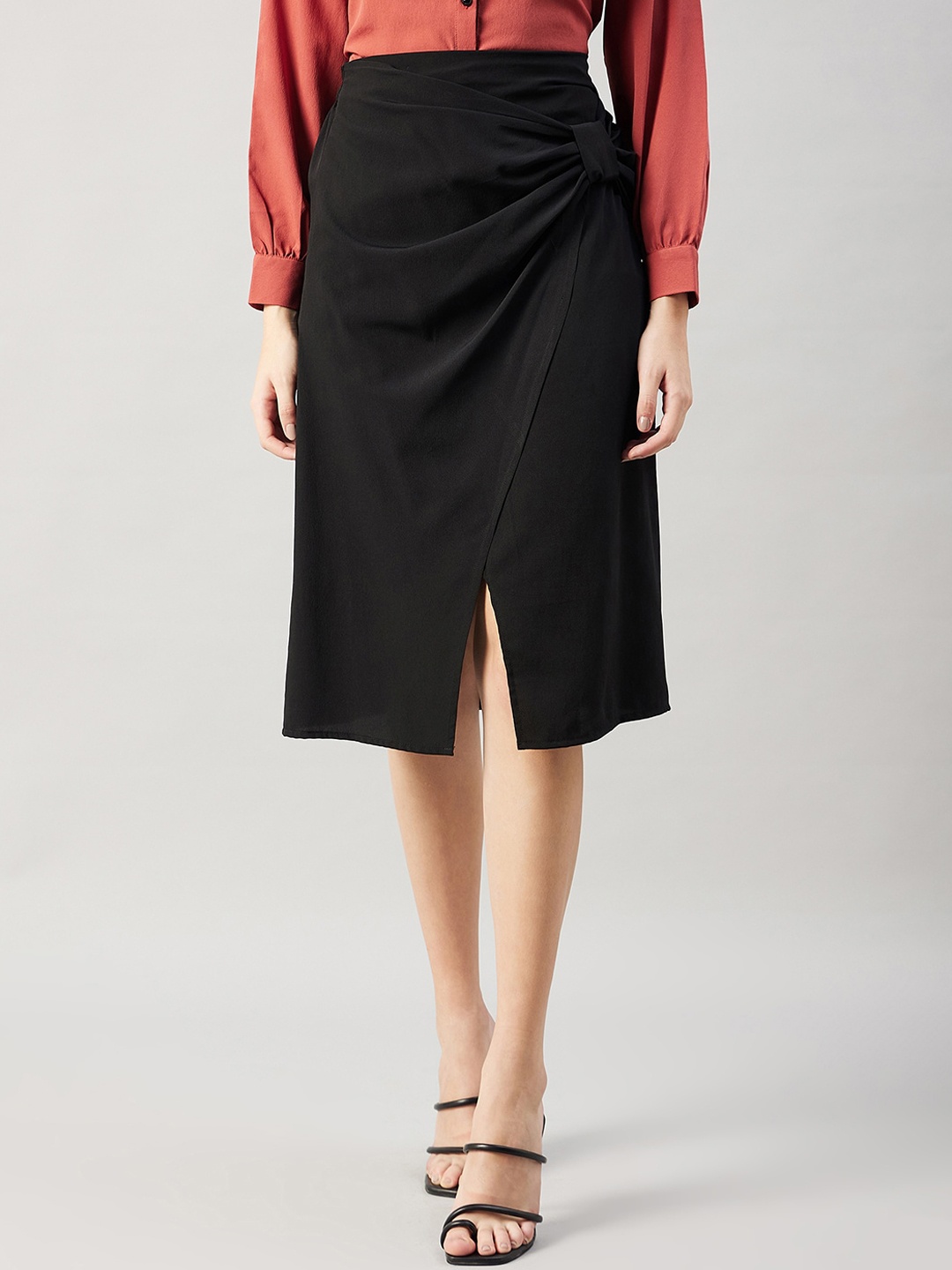 

WineRed Side Bow Knee-length Skirt, Black