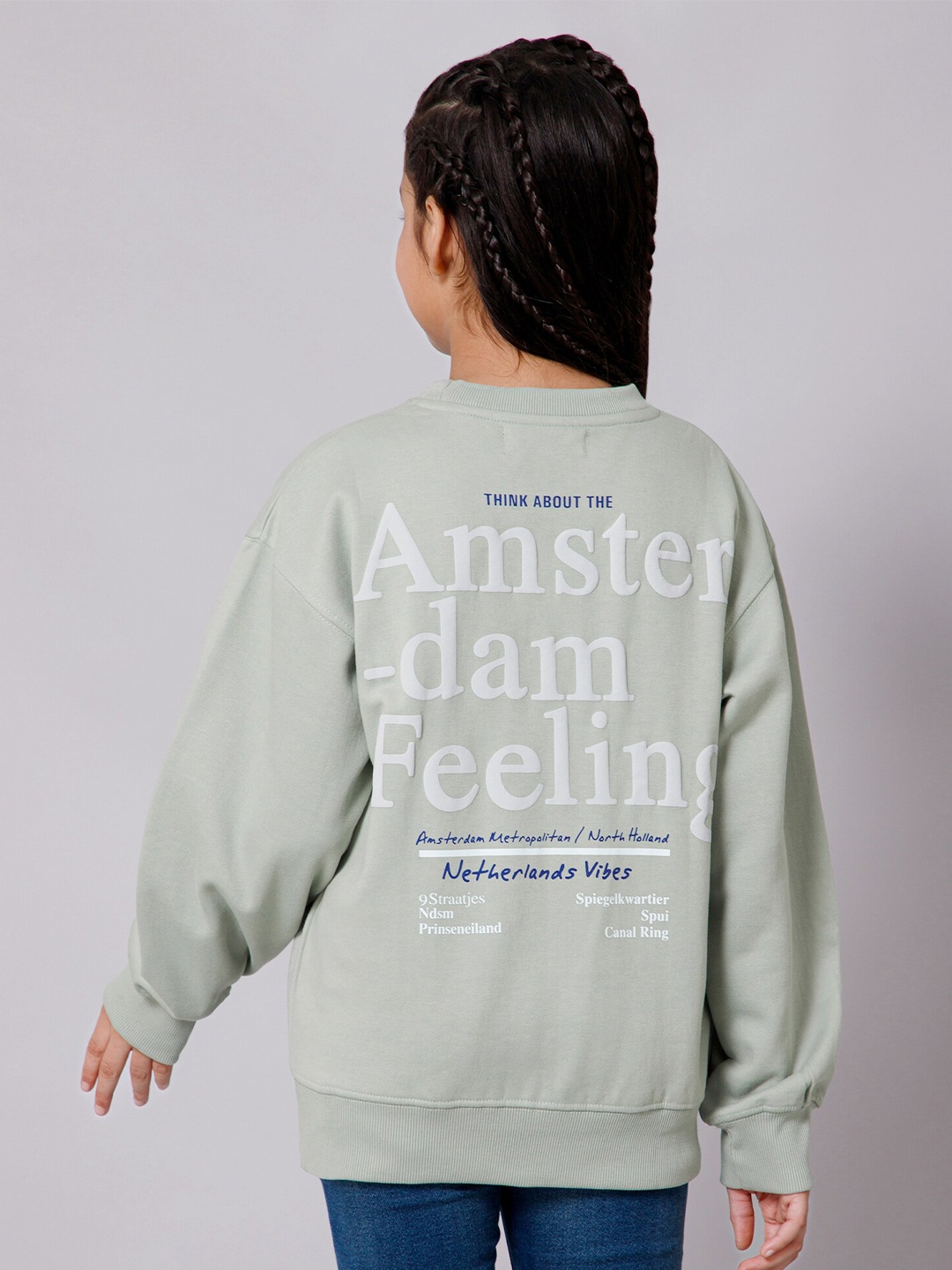

Alan Jones Girls Typography Printed Drop Shoulder Oversized Pullover, Sea green