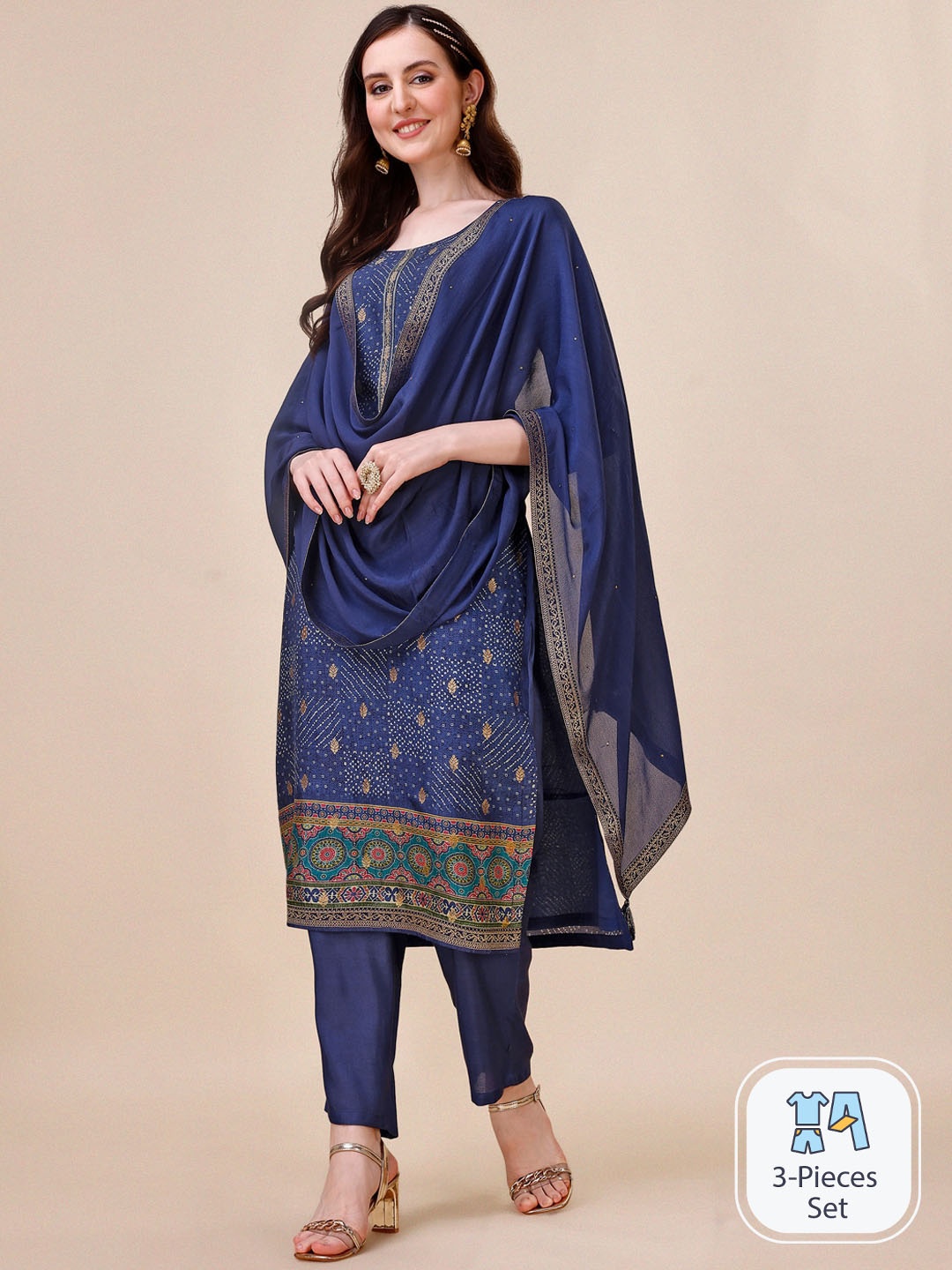 

Seerat Bandhani Printed Regular Thread Work Pure Silk Kurta With Trousers & Dupatta, Blue