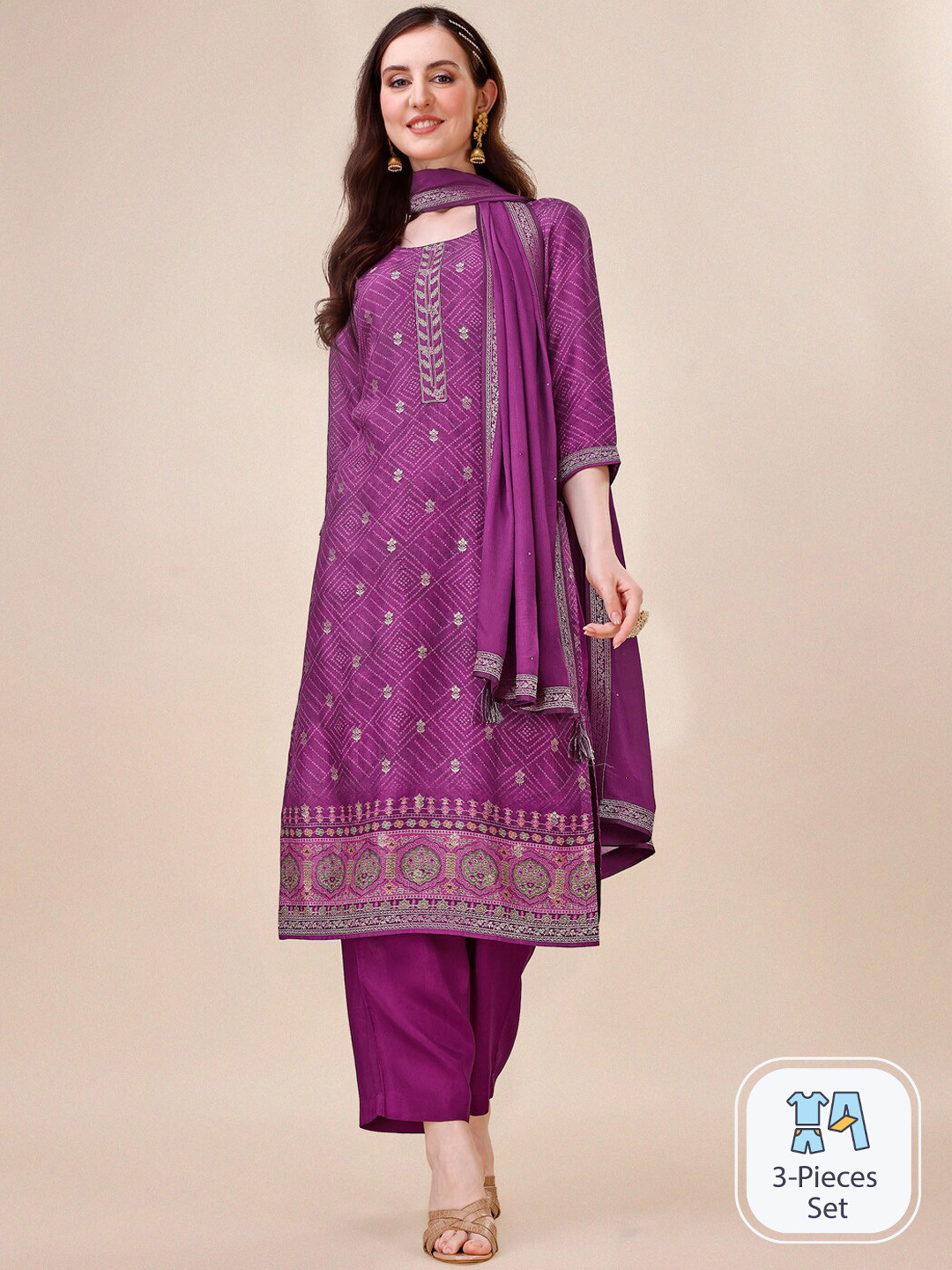 

Seerat Bandhani Printed Jacquard Design Straight Kurta With Trousers And Dupatta, Burgundy