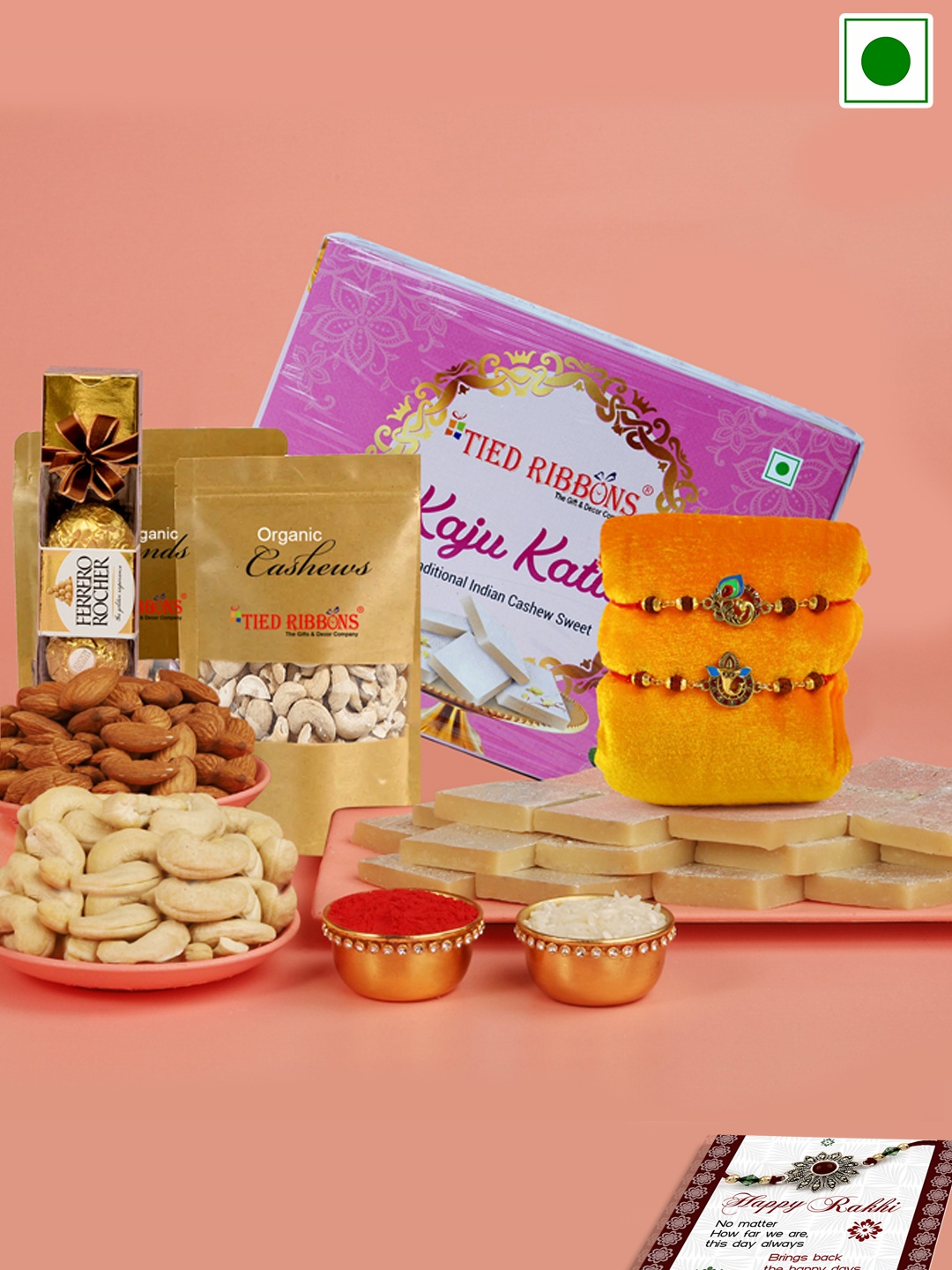 

TIED RIBBONS Set Of 2 Charmed Rakhis With Chocolate & Dryfruits Gift Set, Beige