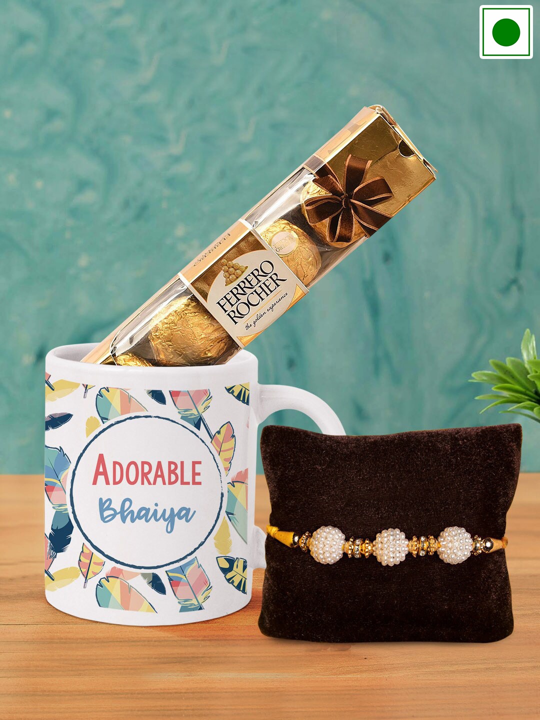 

TIED RIBBONS Charm Beaded Rakhi With Printed Mug Chocolate Gift Set, Yellow