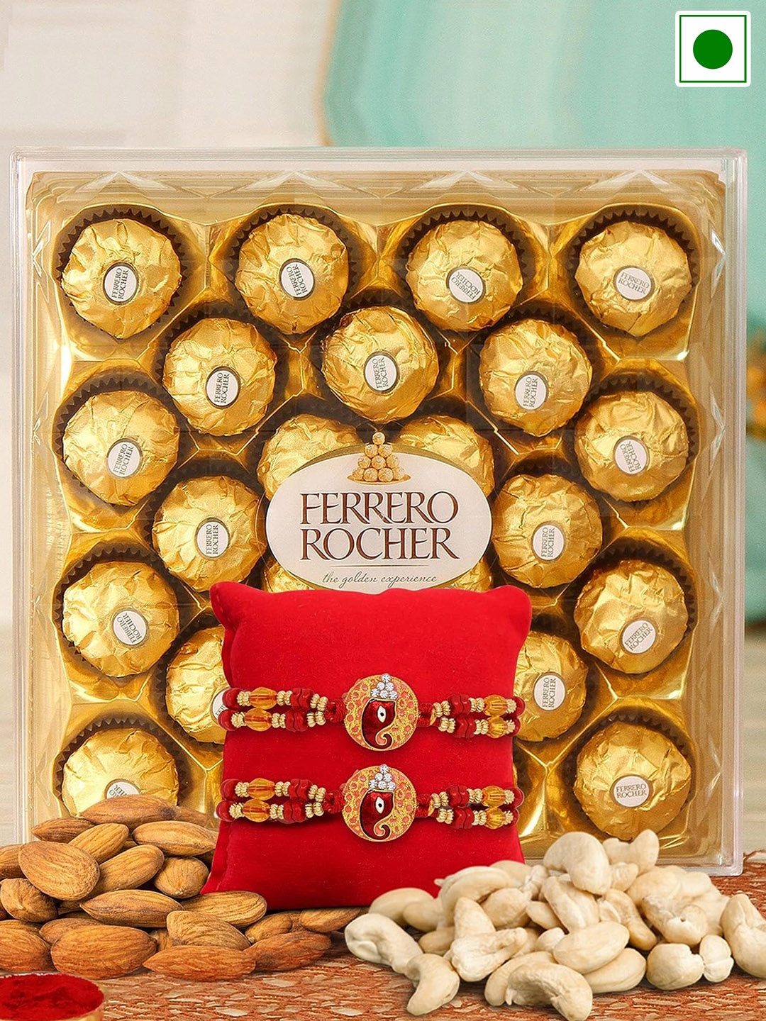 

TIED RIBBONS Set of 2 Rakhi with Chocolate Almonds And Cashew Gift Hamper, Yellow