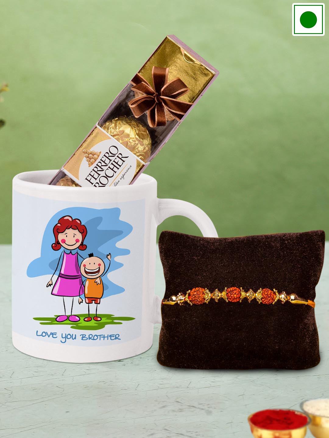 

TIED RIBBONS Beaded Rakhi Roli Chawal & Coffee Mug Chocolates Gift Set, Gold