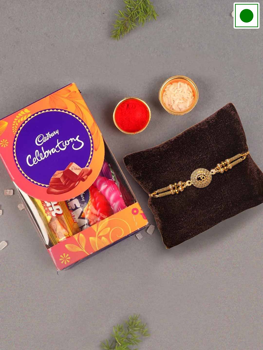 

TIED RIBBONS Designer Rakhi with Cadbury Celebration Chocolates Gift Pack, Gold