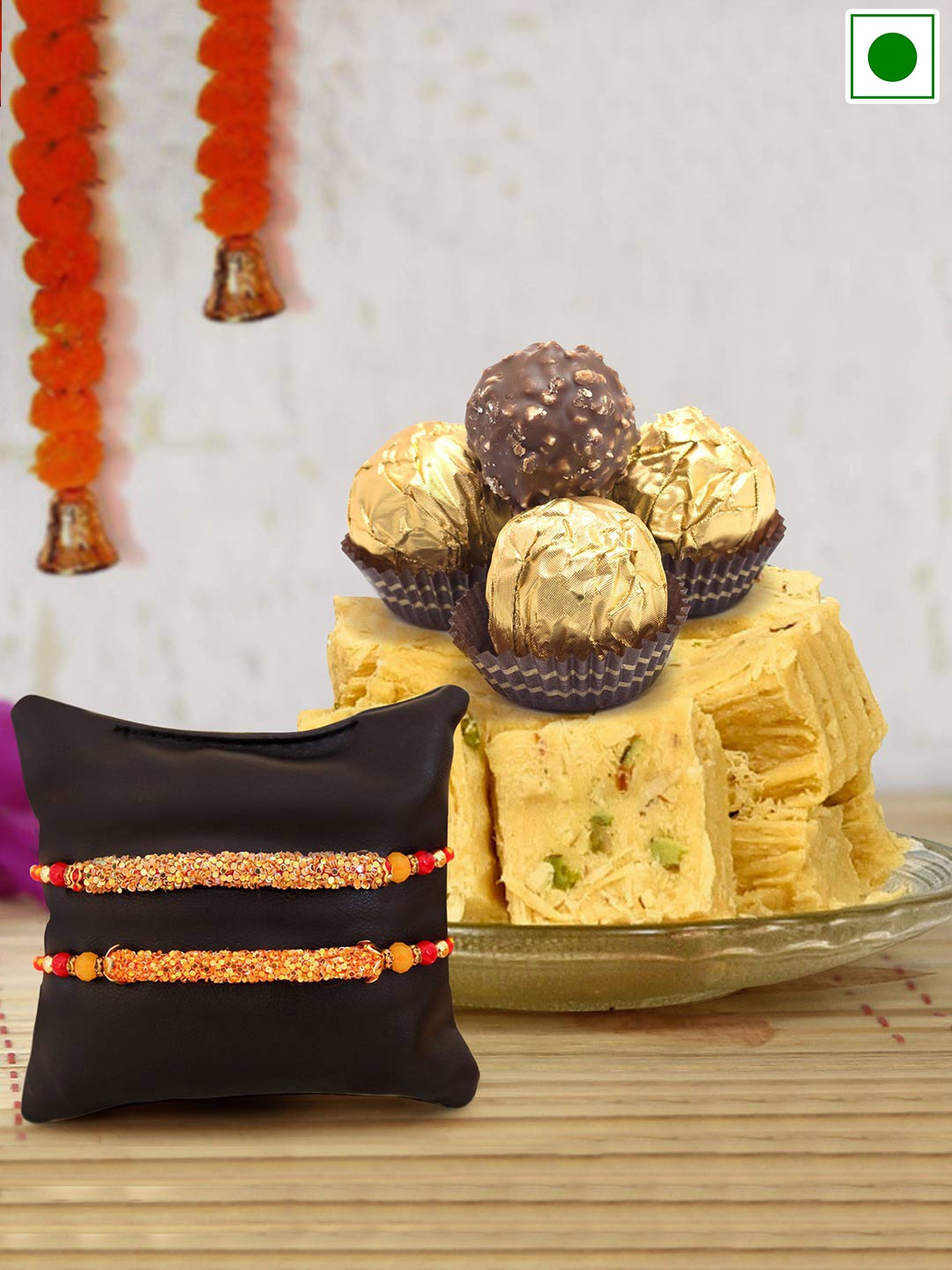 

TIED RIBBONS Soan Papdi and Ferrero Rocher Chocolates With 2 Rakhis, Gold