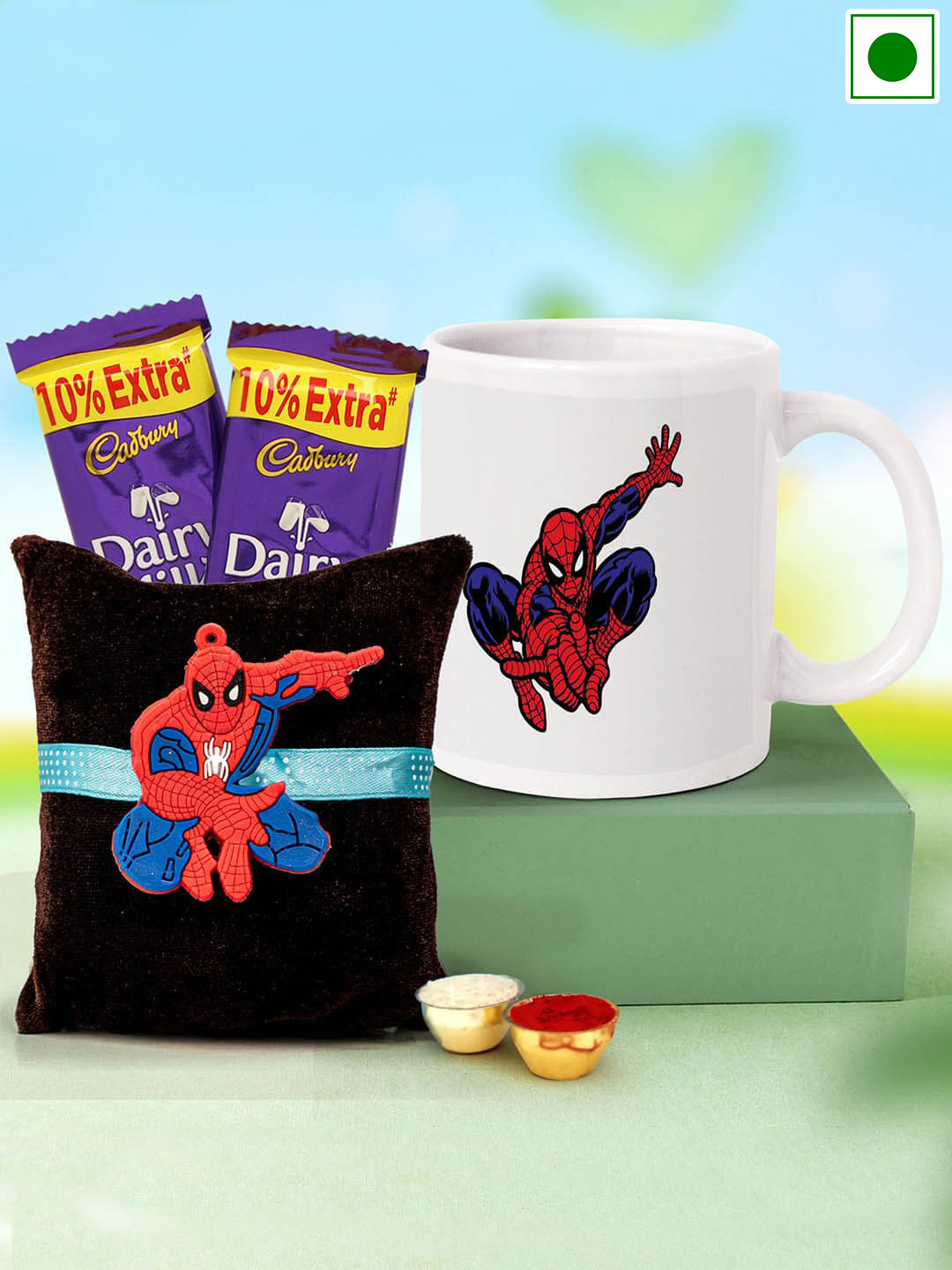 

TIED RIBBONS Kids Spiderman Rakhi With Dairy Milk Chocolates & Coffee Mug Gift Set, Red