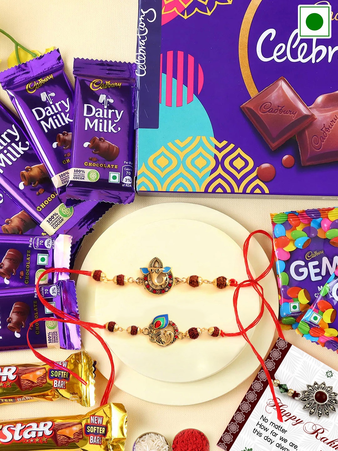 

TIED RIBBONS Set Of 2 Charm Stones Studded Rakhi With Chocolate Gift Set, Red