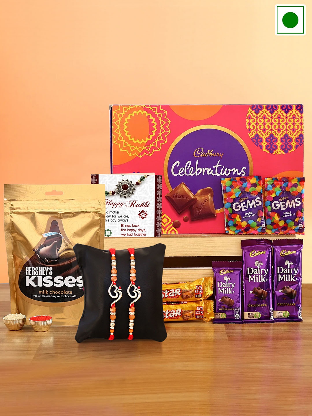 

TIED RIBBONS Set Of Om Charm 2 Rakhis With Chocolate Gift Set, Red