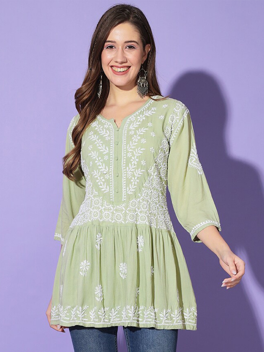

Ethnava Floral Embroidered Thread Work Pleated A-Line Kurti, Green