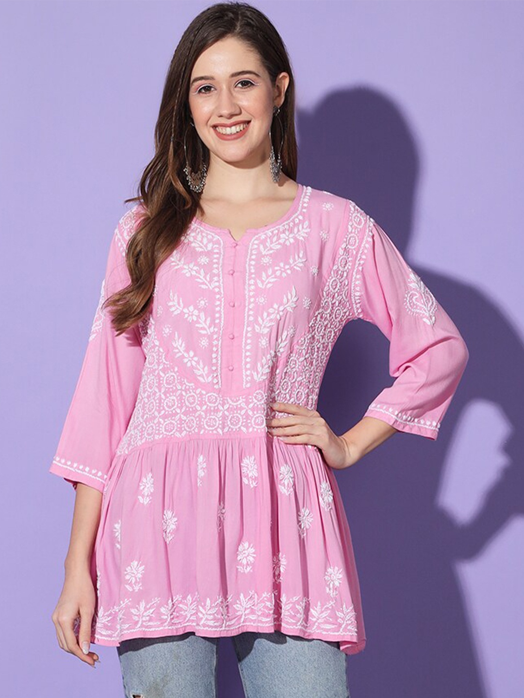 

Ethnava Floral Embroidered Round Neck Thread Work A-Line Kurti, Pink