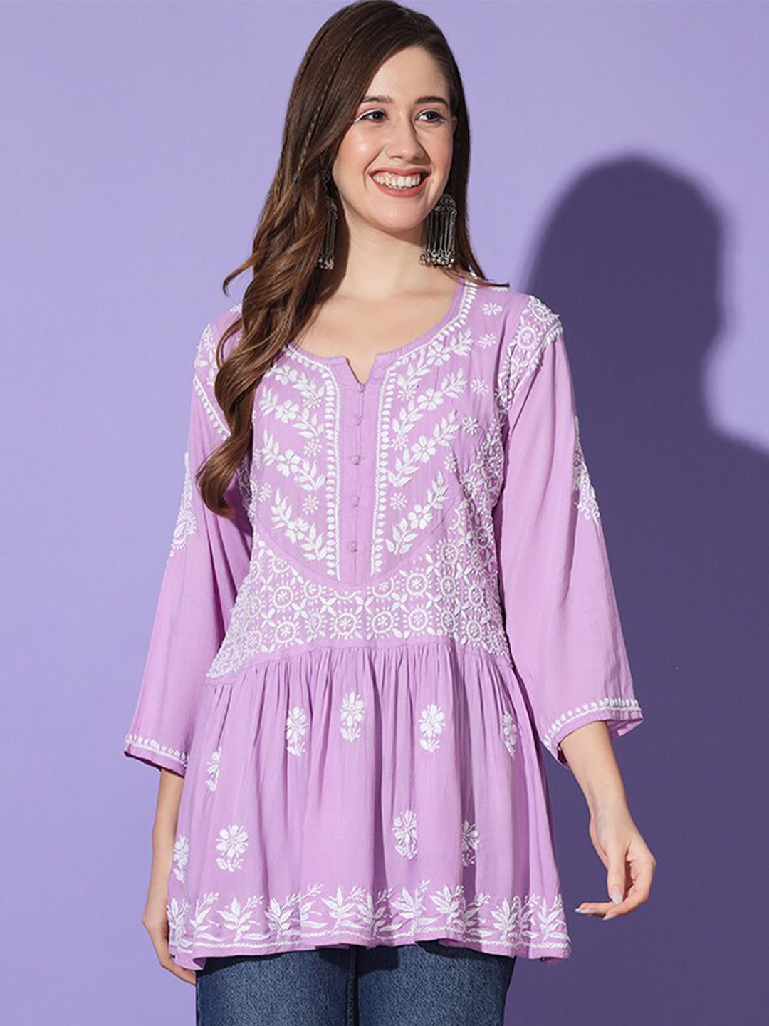

Ethnava Floral Embroidered Thread Work Pleated A-Line Kurti, Lavender