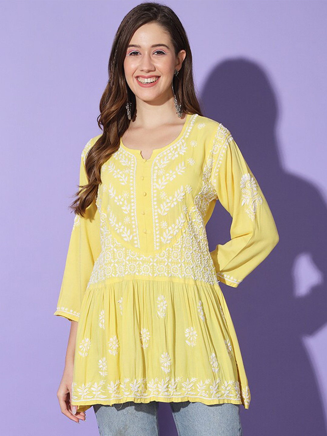

Ethnava Floral Embroidered Thread Work Pleated A-Line Kurti, Yellow