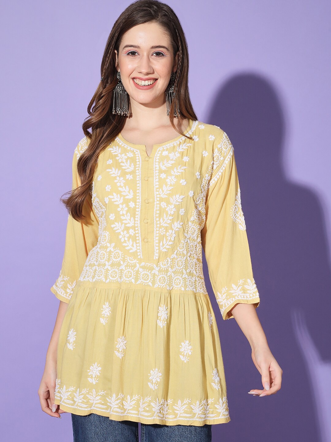 

Ethnava Floral Embroidered Round Neck Thread Work A-Line Kurti, Beige