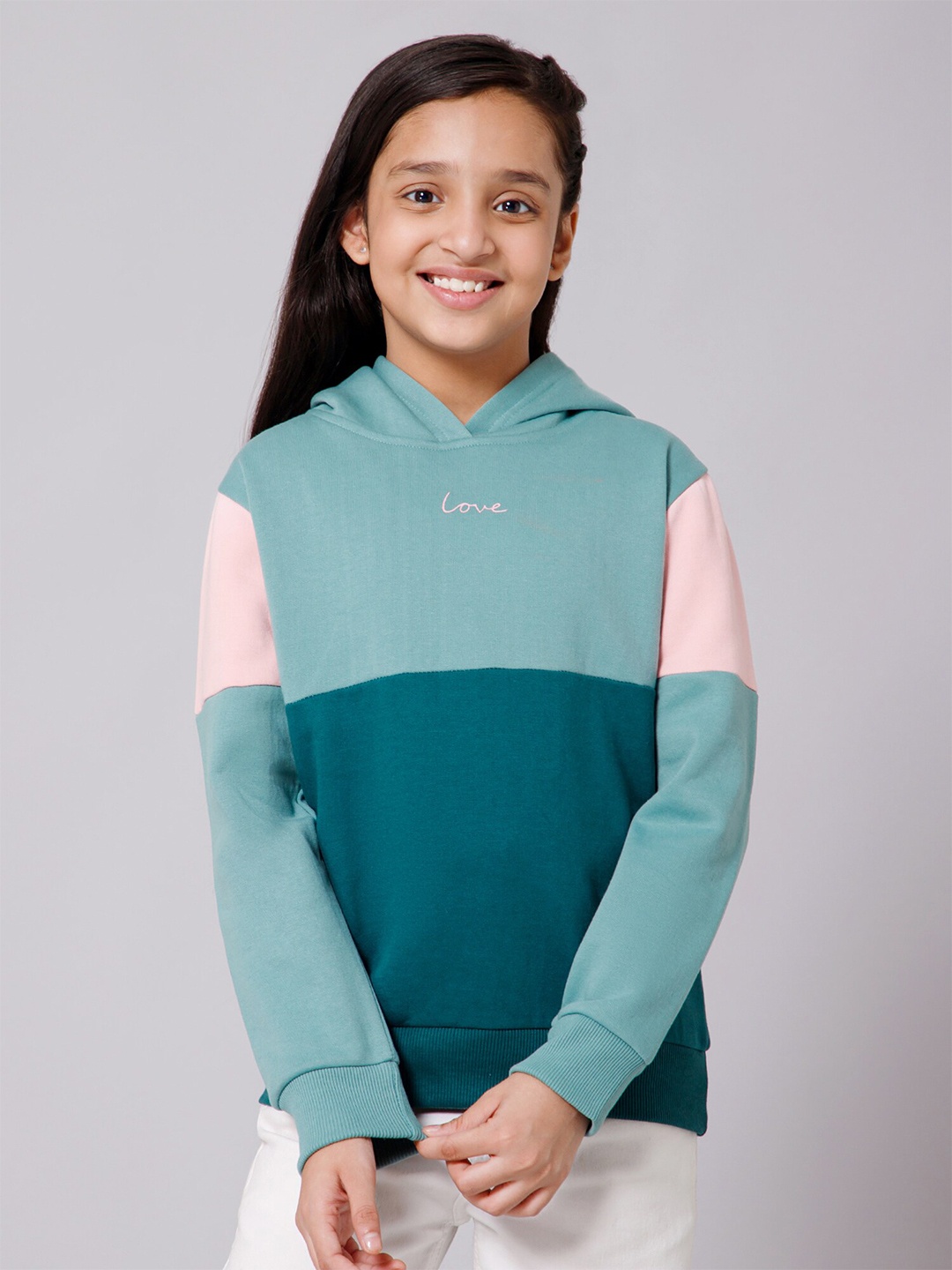 

Alan Jones Girls Colourblocked Hooded Sweatshirt, Turquoise blue