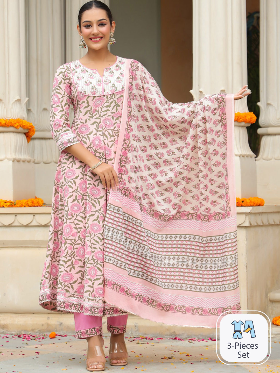 

Rain & Rainbow Floral Printed Regular Sequinned Pure Cotton Kurta With Trousers & Dupatta, Pink