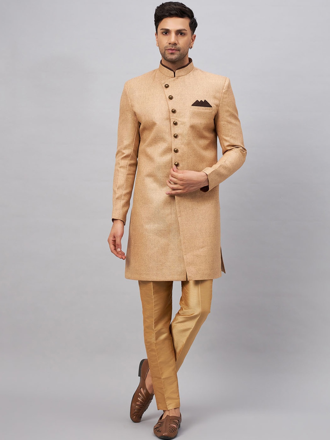 

VASTRAMAY Self-Design Mandarin Collar Jute Cotton Sherwani Set, Beige