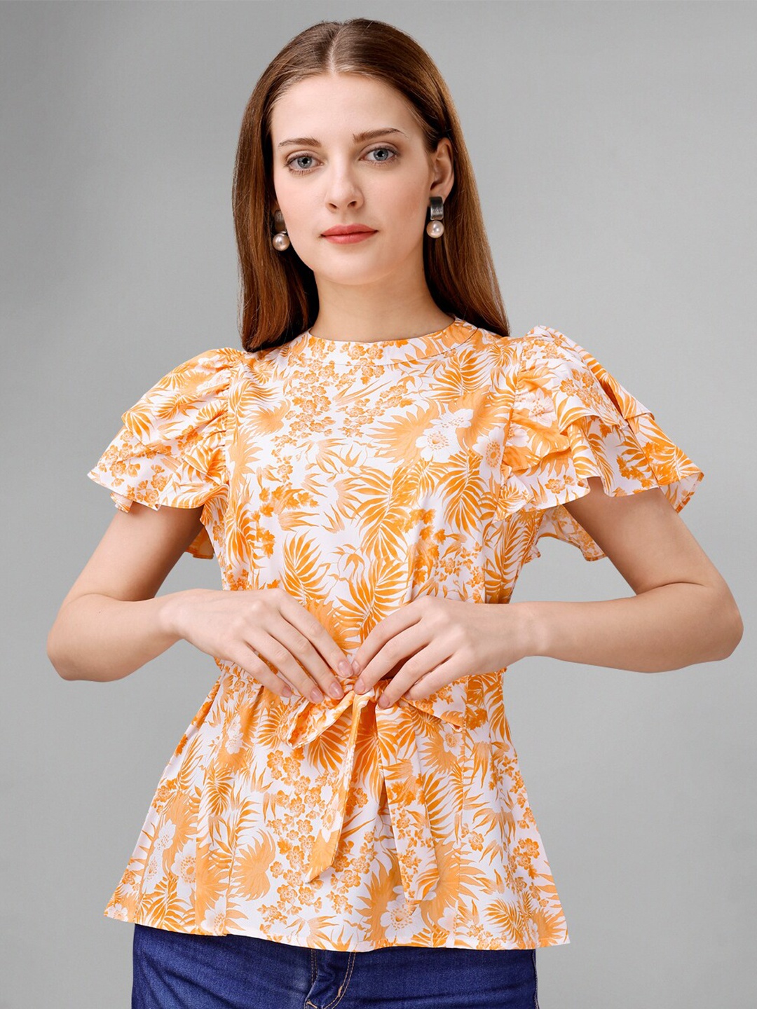 

Masakali.Co Floral Printed Flutter Sleeve Top, Orange
