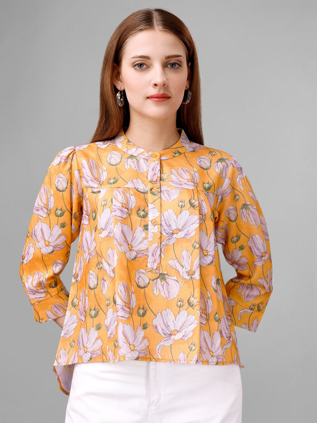 

Masakali.Co Floral Printed Band Collar Puff Sleeve Shirt Style Top, White
