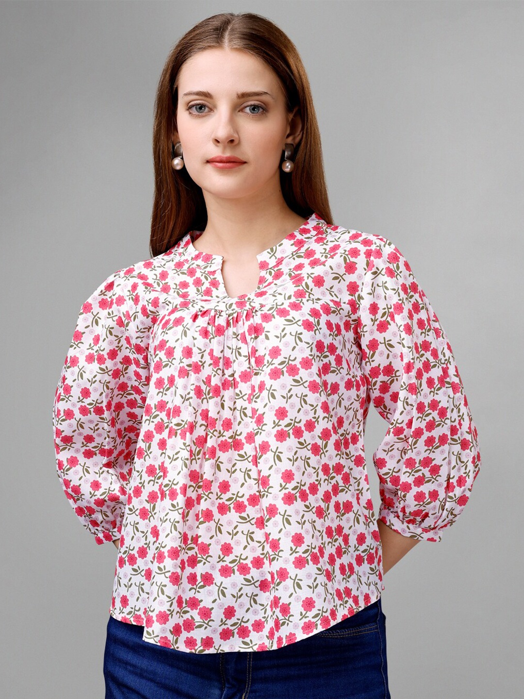 

Masakali.Co Floral Printed Mandarin Collar Cuffed Sleeves Cotton Top, Pink