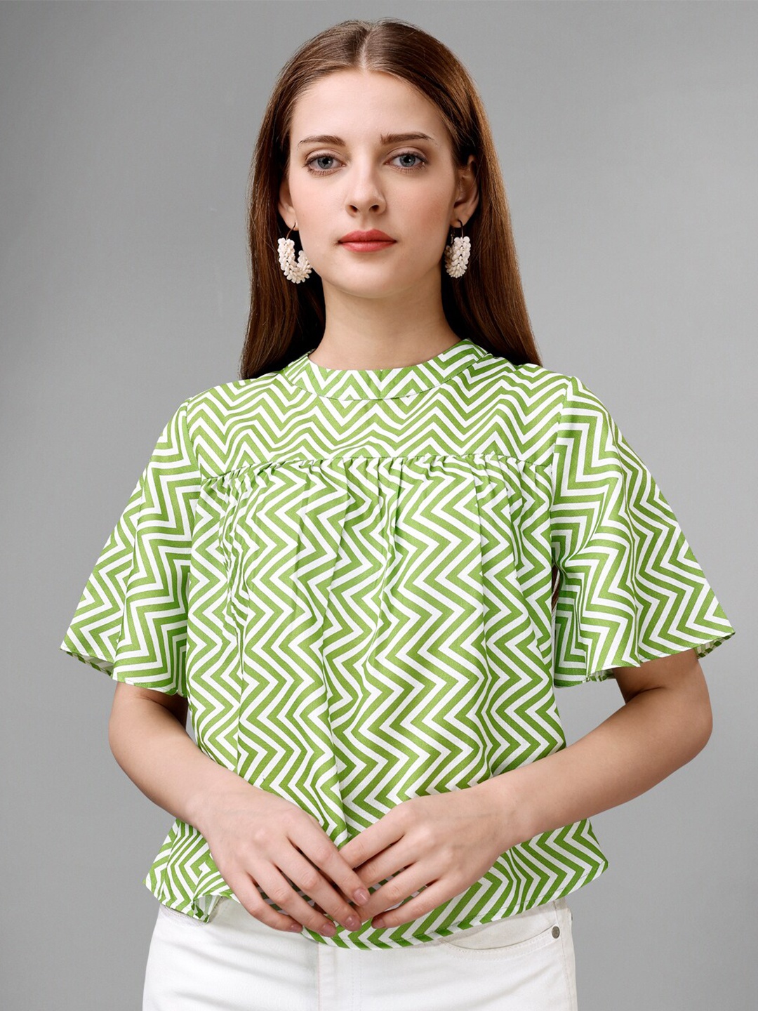 

Masakali.Co Geometric Printed Flared Sleeve Cotton Top, Green