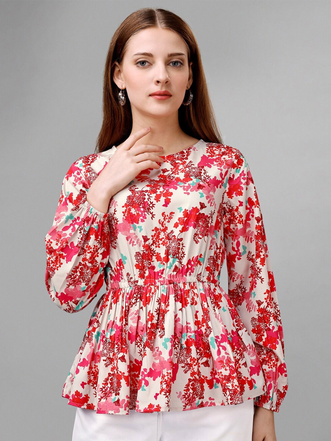 

Masakali.Co Floral Printed Puff Sleeve Peplum Top, Red