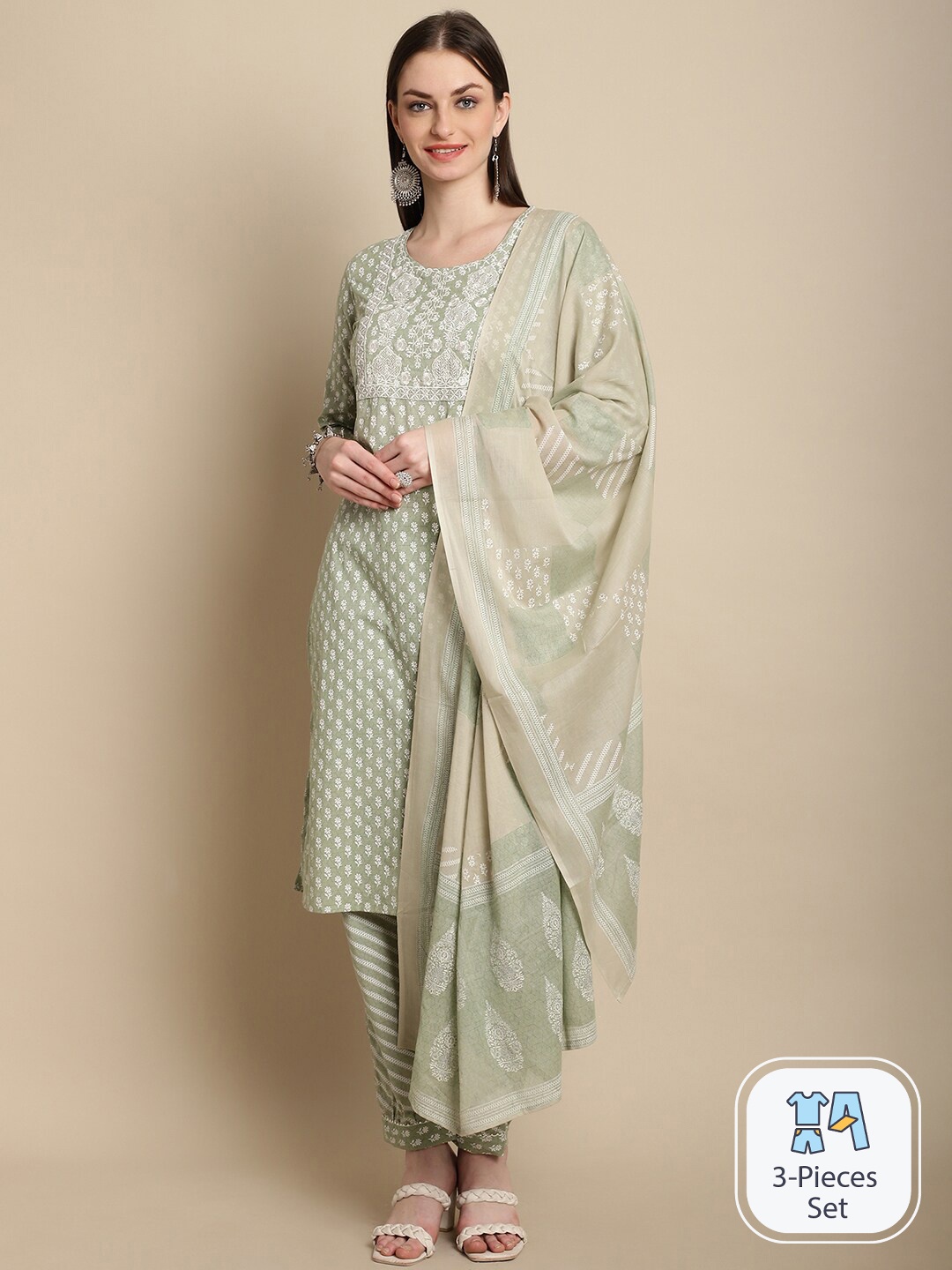 

ANAISA Ethnic Motifs Printed Thread Word Kurta With Trousers & Dupatta, Olive