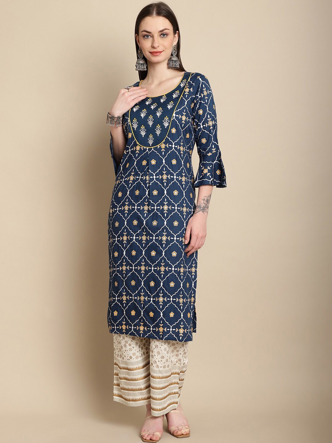 

ANAISA Ethnic Motifs Printed Thread Work Kurta With Palazzos, Blue