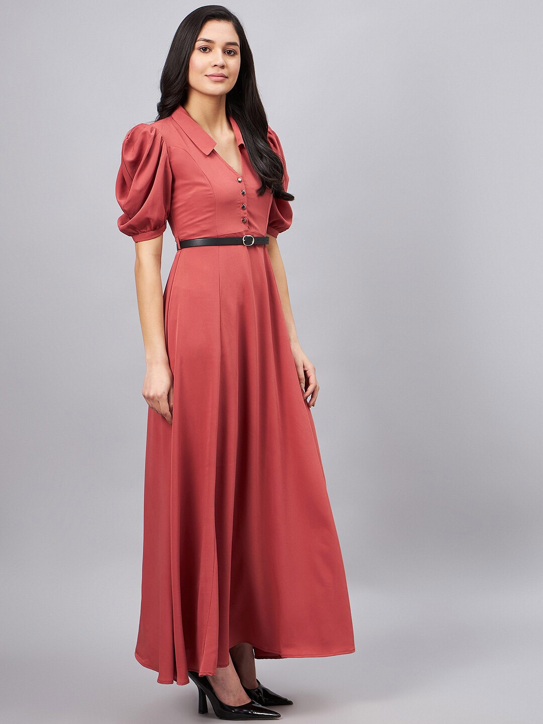 

WineRed V-Neck Puff Sleeve Belted Maxi Dress, Coral