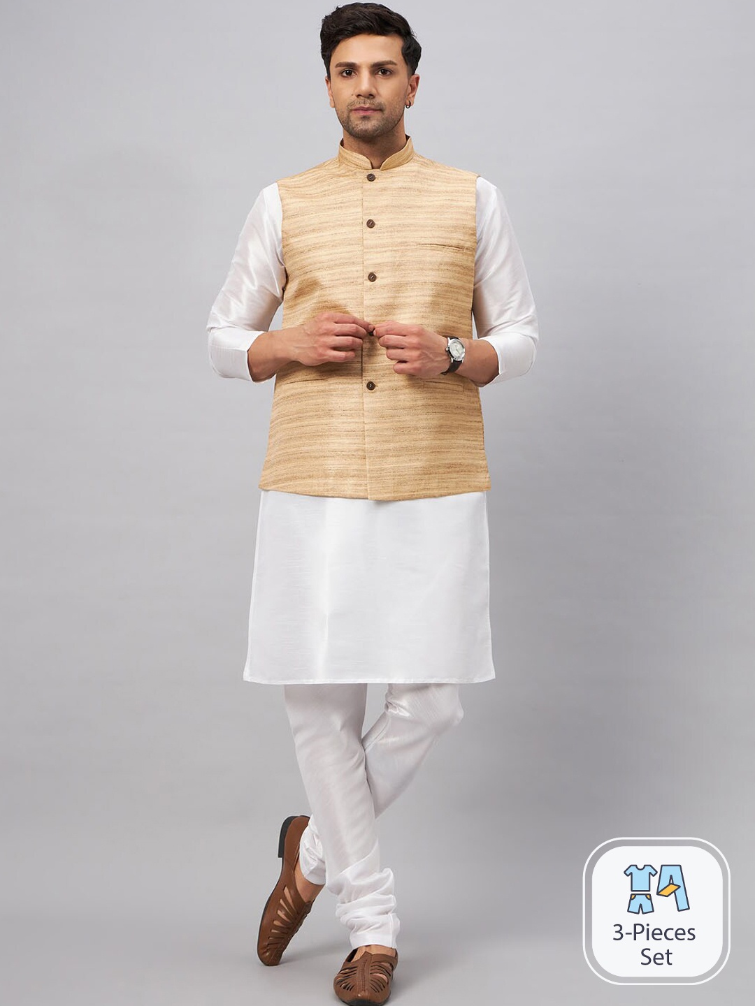 

VASTRAMAY Mandarin Collar Kurta with Churidar & Nehru Jacket, White