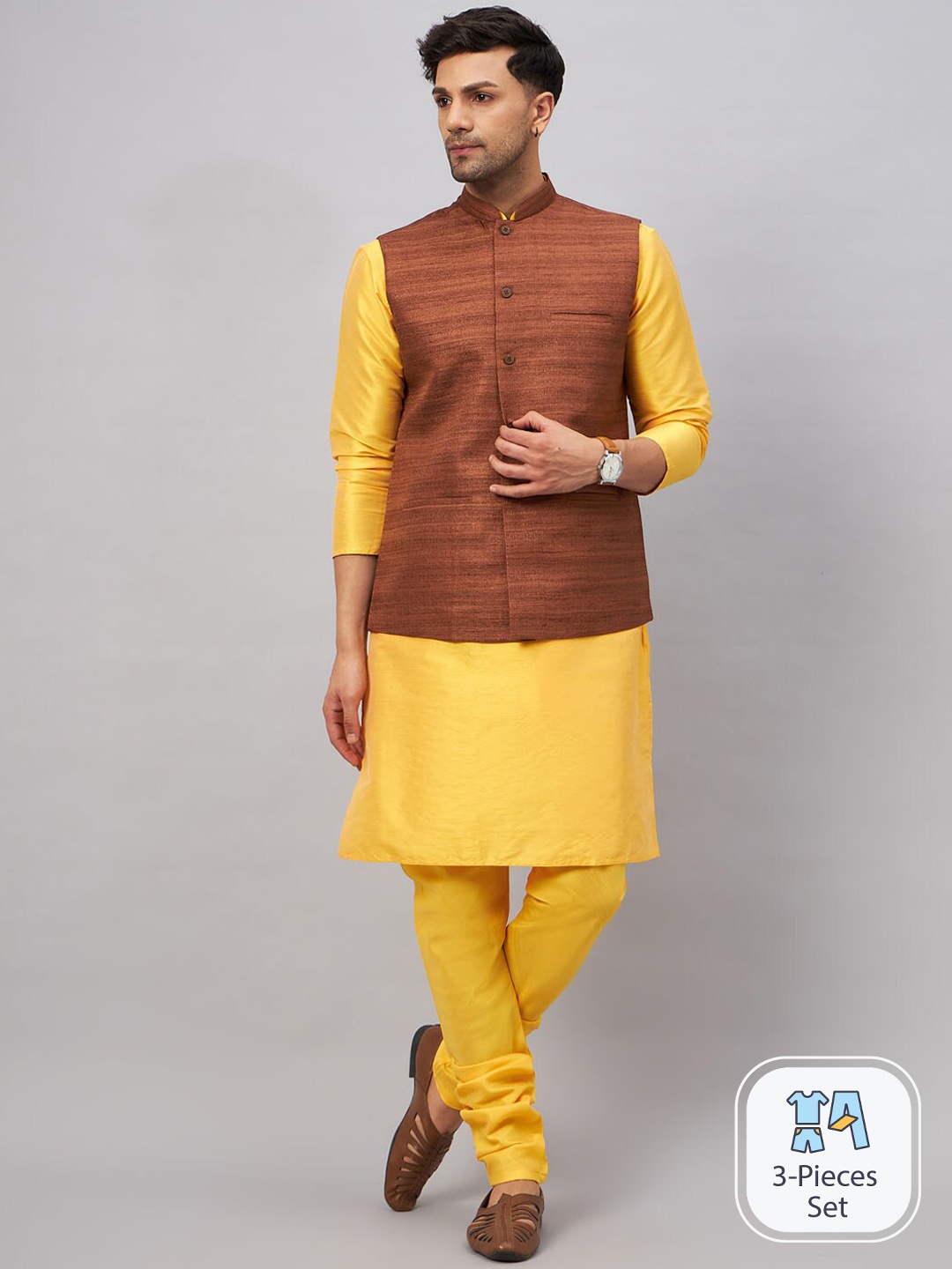 

VASTRAMAY Mandarin Collar Straight Kurta With Churidar & Woven Design Nehru Jacket, Yellow